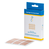 Bild der Verpackung, davor ein Blättchen mit 6 Cross Patches darauf